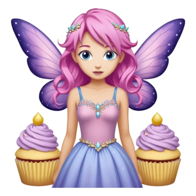 beige fairy cupcakes with yellow frosted icing on top and a enchantress fairy with tanned skin and pink hair and lilac wings and blue eyes wearing a dusky pink embellished gown decoration sticker