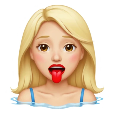 blonde having crying emoji tears (water-emoji) from hard laughter. really happy in general, happy eyes and open mouth. red lipstick sticker