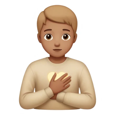 A person sitting still with their hand gently placed on their chest. A soft, warm light begins to emerge from within, symbolizingAround them, faint, blurred images of childhood moments float in the air, still distant slowly clearer as they focus on present sticker