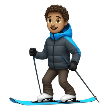 1 white Boy with wavy brown hair skiing with blue skis. He is wearing all black snow pants and a gray jacket   sticker