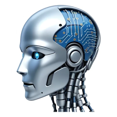 An icon featuring a humanoid robot head, neural network connections, and binary code, symbolizing artificial intelligence. The design includes a brain with circuits and machine learning algorithms, representing the study and development of intelligent systems. Transparent background  sticker