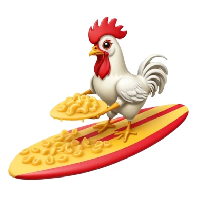 rooster eating mac and cheese on a surfboard sticker