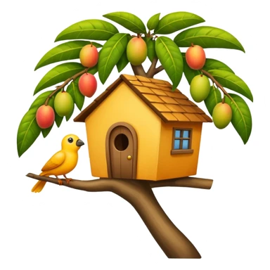 a mango tree with a small house on the branch, a bird peeking out from the house roof, emoji style sticker