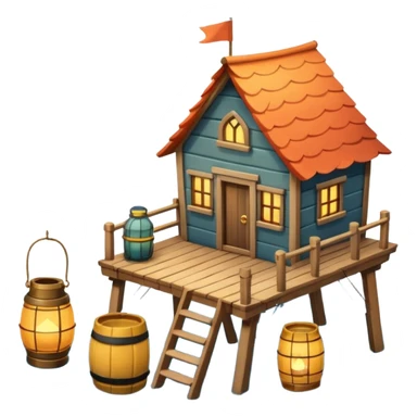 
fisherman house on a wooden pier, small dock, fishing nets hanging, barrels, lantern, ocean vibe, 3D cartoon, cute mobile game icon, clean background, no text
 sticker