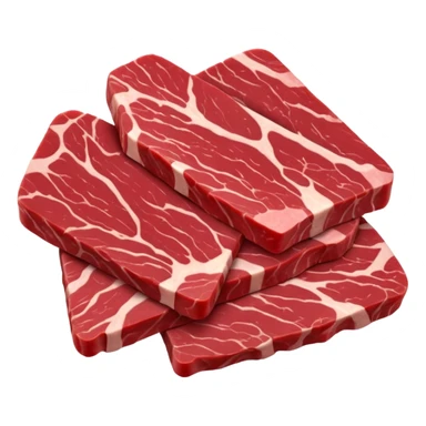handful of raw beef strips, thin, deep red, visible grain, glossy, irregular shapes, marbling or edge fat, soft lighting, subtle shadows, no plate, no pan, no faces, transparent background, emoji scale sticker