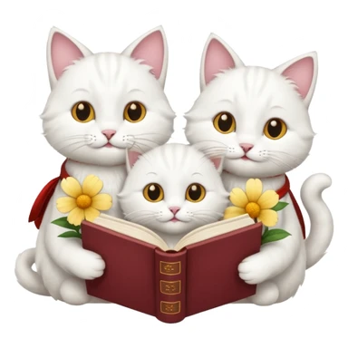  3 white Cats reading book + flower sticker