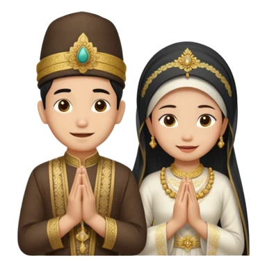 javanese person with shy smile (male) with blangkon hat and prayer hand, and also a javanese bride with sanggul and a shy smile sticker