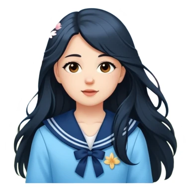 A white girl with a Black long hair, and a baby blue sailor suit, enjoying the spring breeze，Wearing cherry blossoms on your hair sticker