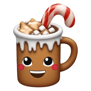 A gingerbread mug filled with hot cocoa and a candy cane with toasted marshmallows sticker