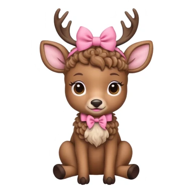 cute deer with curly fur, sitting down, wearing a bow on its head. sticker
