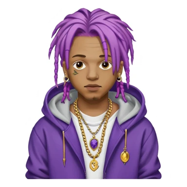 Juice WRLD with purple dreadlocks, 999 tattoo, gold chain, and hoodie sticker