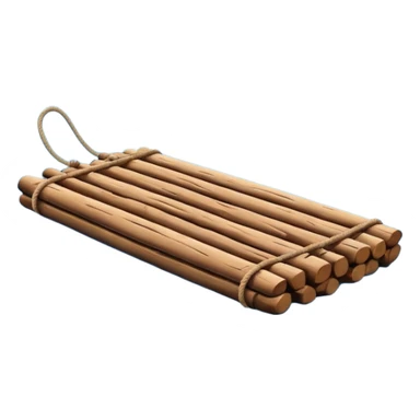 showing a simple wooden raft floating on calm blue water — made of several brown logs tied together with rope — gentle ripples around it — bright, cheerful lighting and soft shadows — minimalist, clean emoji design sticker