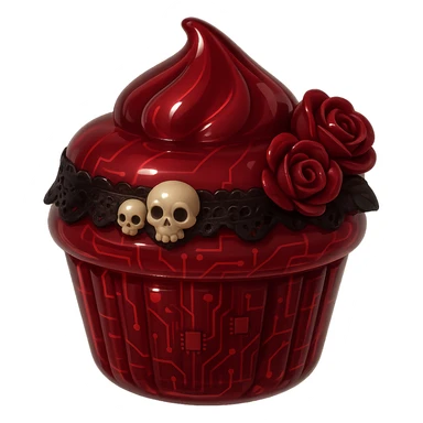 Gothic cupcake in glossy circuit style, burgundy color, with gothic decorations such as black lace, tiny skulls, and dark roses, no background sticker