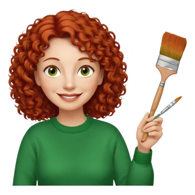 FEMME FRISÉ 60 ANS CHEVEUX ROUX FRISÉ SEMI LONG SOURIANTE AVEC CHANDAIL VERT YEUX BRUN ET UN PINCEAU À LA MAIN LA MAIN AVEC 5 DOIGT SEULEMENT  sticker