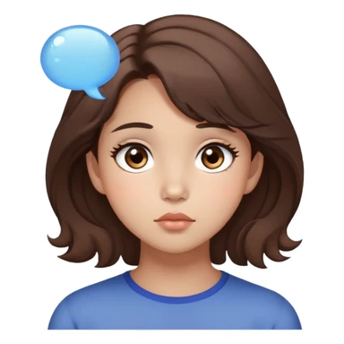 A brunnete haired girl with light skin and brown eyes and Korean soft makeup with a thinking bubble sticker
