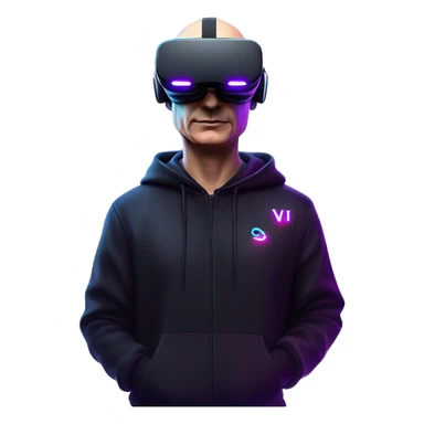Putin wearing a black hoodie with "OMG" letters on it and VR headset oculus quest 2 in a cyberpunk VR environment with violet neon lighting. sticker