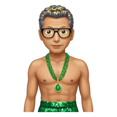 Jeff Goldblum with green sequin baggy pants, shirtless with necklace sticker