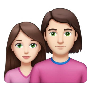 pink polaroid photo of a couple thats white with long brunette hair blue eyes and a white guy with short brunette hair and green eyes sticker