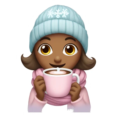 Create a cozy, feminine winter-themed emoji with pastel colors like pink and light blue. Include elements like a hot chocolate cup, scarf, sweater, and snowflakes, giving a warm, inviting winter vibe. sticker