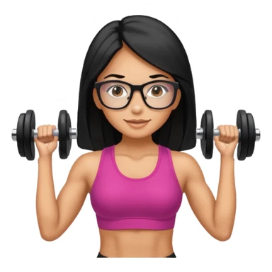 Mujer fitness usando mancuernas con lentes de marco delgado y cabello largo negro sticker