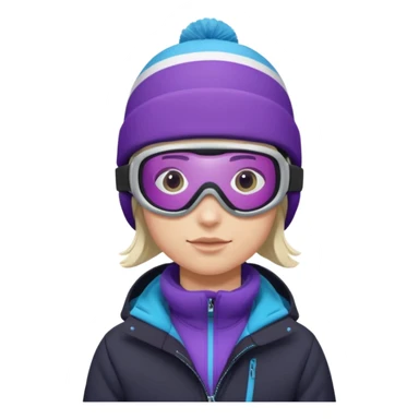 Pro Snowboarder with white and grey beanie, purple and blue frameless goggles on and a black jacket sticker
