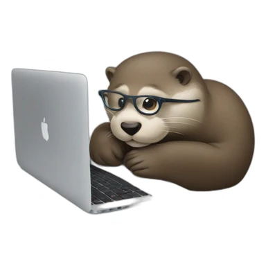 otter with eyeglasses leaning against a pillow while using a macbook sticker