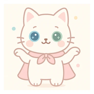 odd-eyed white cat wearing pink cape, shrugging shoulders with playful expression, simple and clean style sticker