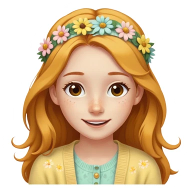  A freckled girl with long hair, a floral headband, and a pastel yellow cardigan, looking joyful. sticker