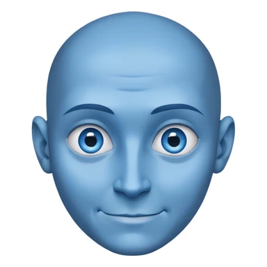 a character with blue skin and a huge forehead - twice the size of the face, the shape of the head is like a rounded inverted triangle. He has a smooth bald head. a sly, intelligent smile. Close-up. Blue eyes sticker