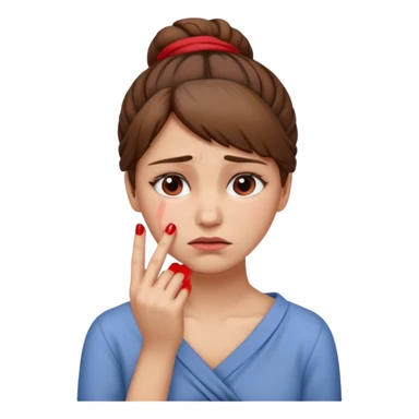 ["Sad woman with brown hair tied up, wiping away a tear."] sticker