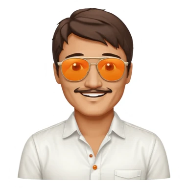 Pedro pascal looking really steamy and sexy smiling in an opened white button down shirt with shady orange glasses sticker