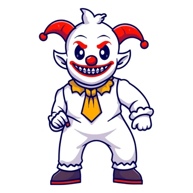 full-body demonic clown in a white leisure suit with bellbottom pants, bald, with black ram horns, flashy belt, ruffled shirt, no neck tie, cartoon sticker style sticker