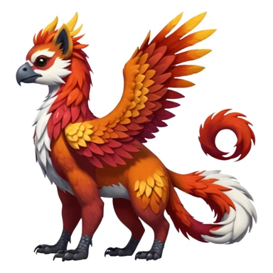 4-legged colorful shiny smooth glossy furry realistic scaly winged long-big-beaked Gryphon-Griffin-Griffsnuff-Talonflame-Silvally-Braviary-Red-Panda-fusion-hybrid-animal-Fakémon-creature, full body, with a long thin tufted lion-tail, long tufted ears  sticker