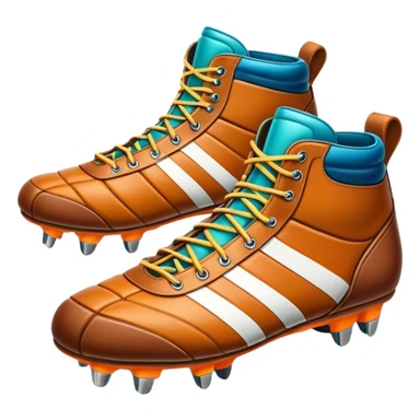 Cinematic Realistic image of a pair of rugby boots, showcasing sturdy leather construction, detailed cleat patterns and textured surfaces, illuminated by vibrant outdoor lighting that captures their athletic purpose sticker