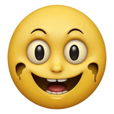 A horror-style emoji face, round yellow emoji shape, distorted facial expression, dark hollow eyes, creepy smile, cracked surface, unsettling mood, high detail, 3D render
 sticker