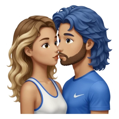A girl with very long  balayage brown & blond curls kissing a boy with brown hair and a short beard. She wears a very elegant dress in white and he wears a blue sports shirt from nike sticker