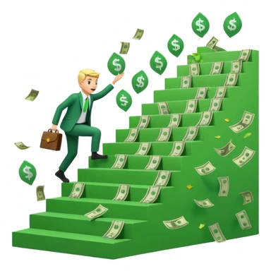 Emoji-style 3D illustration of a person climbing stairs made of money labeled “$10K” and “$20K”, with confetti and upward green arrows, bright optimistic lighting sticker
