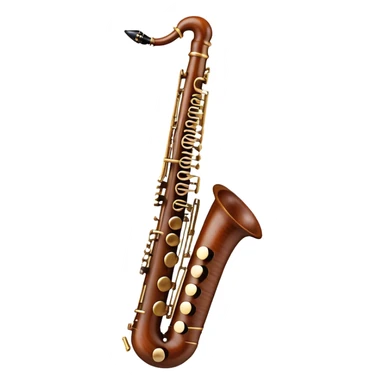 Create an elegant and precise emoji representing the Marigaux oboe. The design should feature the long, slender body of the oboe, with its distinctive keys and polished wood finish. The instrument should have rich, warm tones of wood with subtle metallic accents on the keys, showcasing its high-quality craftsmanship. Add a delicate musical note or soundwave around the oboe to symbolize its melodic and expressive sound. Use earthy tones like rich browns and golds to reflect the traditional and professional nature of the instrument. The background should be transparent. sticker