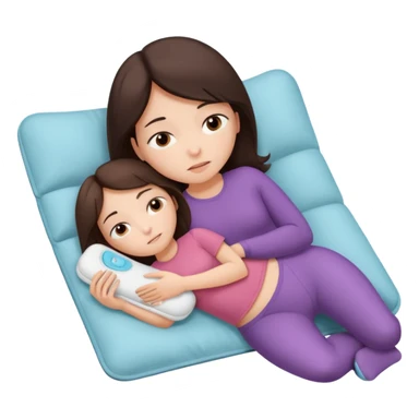  a brunette girl lying down on her side, holding a warm heating pad against her lower belly. She's uncomfortable and sad, her posture should show she’s having menstrual cramps. Use simple lines, rounded shapes, soft colors, and a clean emoji aesthetic. Make it expressive but still adorable sticker