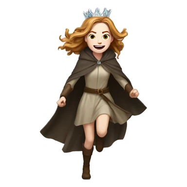 Emma Stone running, with a large stride and arms outstretched, wearing an icicle crown and winter cloak, long golden brown hair sticker