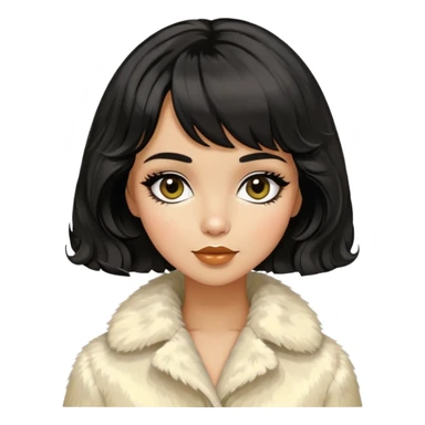 Alluring 1960's mod greek olive skin girl french shiny black wavy textured bob haircut tousled hair wearing cream fur coat sticker