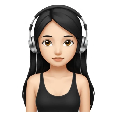 a fair INDIAN girl with straight black long hair, wearing a black cami top. and wearing silver  headphones on sticker