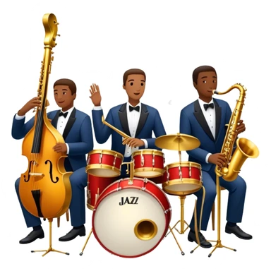 Icon for Jazz Music: The Jazz Messengers, featuring a dynamic composition with Art Blakey on drums and musicians playing saxophone, trumpet, and piano. Musical notes and a warm jazz club atmosphere emphasize the vibrant hard bop style. Transparent background. sticker