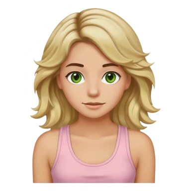 ca you make her hair a 20-year-old girl with long wavy hair brown roots blonde highlights green eyes brown eyebrows good summer tan iPhone emoji style with light pink tank top can you make her hair a little longer please sticker