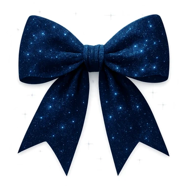 Add extra glitter and sparkling effects to the midnight bow with dark blue velvet texture, shimmering with silver flecks, and a faint ethereal glow. Keep the background transparent. Maintain the look of a midnight bow with dark blue velvet fabric and silver flecks. sticker