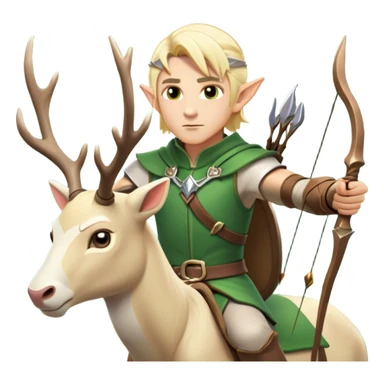 clash-of-clans-aesthetic-blond-male elf-archer-portrait-emoji, rendered in a flat, vector-style with minimal shading and bold, simplified shapes, head tilted slightly forward with a determined, focused expression, riding a majestic white stag whose antlers glow with mystical energy, set against an ancient, enchanted forest backdrop. sticker