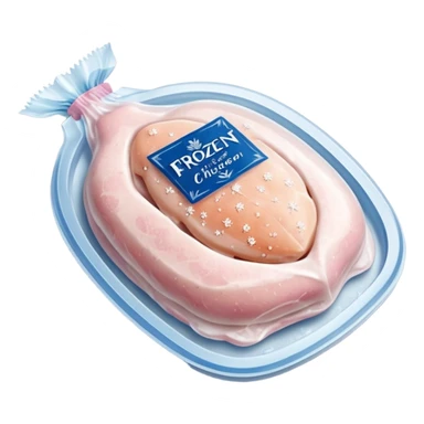 A pack of frozen chicken breasts sealed in transparent plastic packaging, covered with frost and ice crystals. The meat looks pale pink with a slight icy glaze, sitting in a freezer with cool blue lighting. Realistic detail, cold atmosphere, food photography style. sticker
