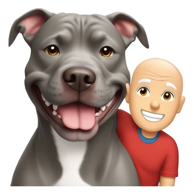 large gray male pit bull smiling and hugging bald white mature man no beard blue eyes with red tshirt sticker