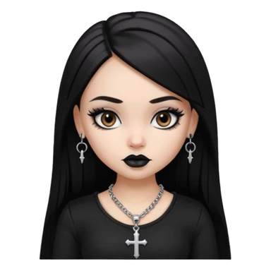 generate a pretty bratz girl in black goth top, black lipstick, black eyeliner, dark brown eyes. Dark brown hair straight long. wearing a silver cross necklace sticker