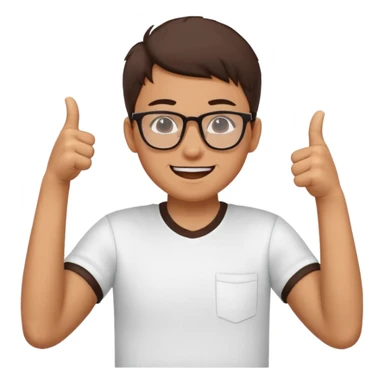 un estudiante que este parado con sus lentes guiñando el ojo y CON LAS MANOS HACIA ARRIBA DANDO LIKE sticker